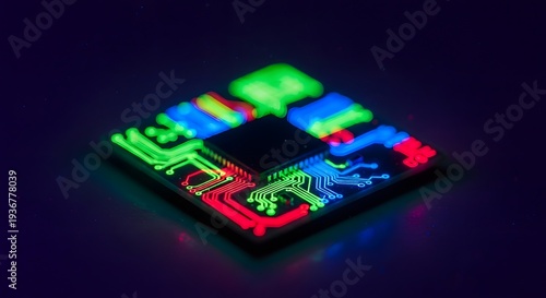 A glowing microchip with neon lights on a dark background viewed from above, showcasing intricate circuitry and vibrant colors.