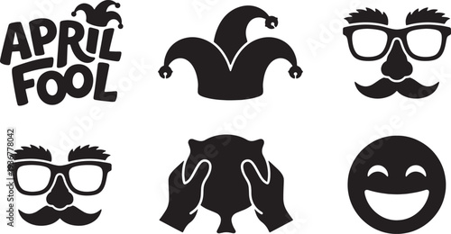 April fool typography with jester hat disguise glasses whoopee cushion and laughing face icons set for festive holiday humor and prank celebration