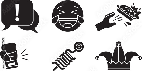 April fools day icons set. flat design of exclamation speech bubble with emoji laughing to tears and hand holding pie