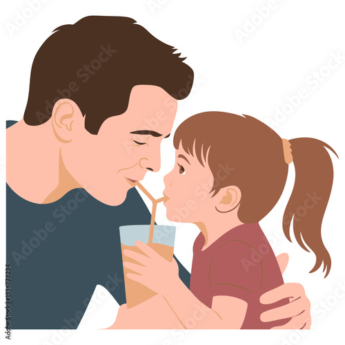 A father and daughter sharing a drink through a straw together happily