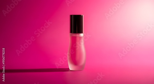 A perfume bottle with a black cap stands on a pink surface against a vibrant hot pink background from a straight-on viewpoint