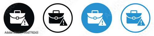 Business briefcase icon with an exclamation warning sign. Represents portfolio risk, job alerts, work errors, or urgent professional notifications. Clean flat design in black and blue variations.