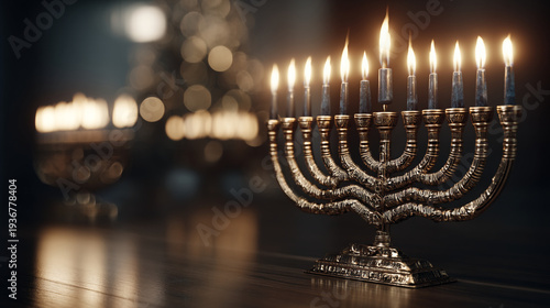 A beautifully lit menorah glows in a softly illuminated room for Hanukkah