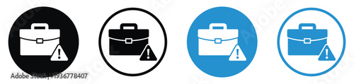 Business briefcase icon with an exclamation warning sign. Represents portfolio risk, job alerts, work errors, or urgent professional notifications. Clean flat design in black and blue variations.