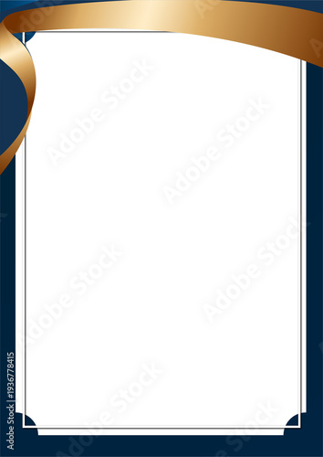 Portrait Elegant certificate border with golden ribbon and blue frame.