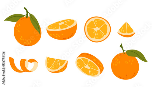 Juicy sweet orange. Set whole oranges, slices and peel in flat style. Citrus elements isolated on white background for food design, packaging, menus and healthy lifestyle projects.