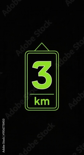 Green Digital Display Indicating a Distance of Three Kilometers Against a Black Background