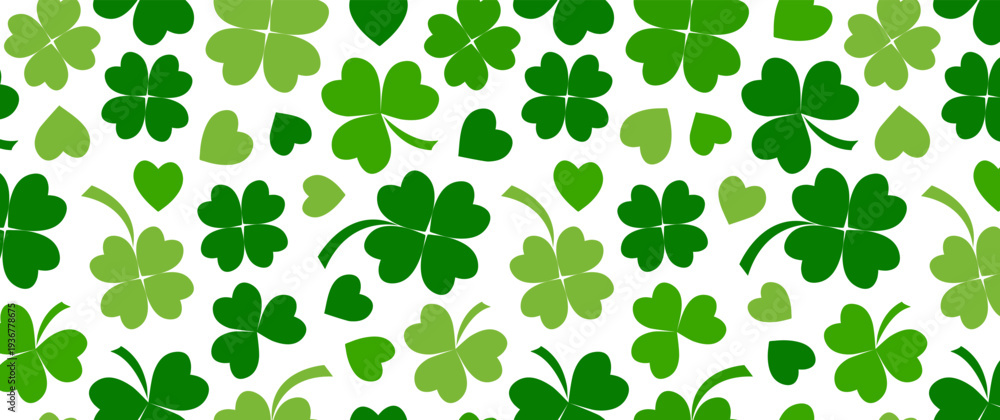 Fototapeta premium Clover seamless pattern for St. Patrick Day. Shamrock background, lucky four leaf bg. Green Irish print, holiday spring backdrop, abstract leaves wallpaper. Nature vector illustration