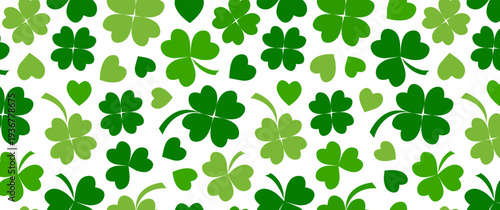 Clover seamless pattern for St. Patrick Day. Shamrock background, lucky four leaf bg. Green Irish print, holiday spring backdrop, abstract leaves wallpaper. Nature vector illustration