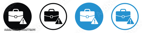 Business briefcase icon with an exclamation warning sign. Represents portfolio risk, job alerts, work errors, or urgent professional notifications. Clean flat design in black and blue variations.