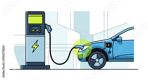 Electric Vehicle Charging Station with Car Plugged In.