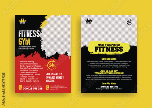 Modern Gym Fitness Workout Flyer Poster Template Design for Personal Trainer Promotion, Bodybuilding Training Program Advertisement, 
Muscle Building Fitness Club Membership Marketing A4 Leaflet