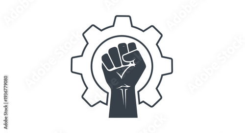 Raised fist inside a gear symbolizing solidarity and industrial unity.