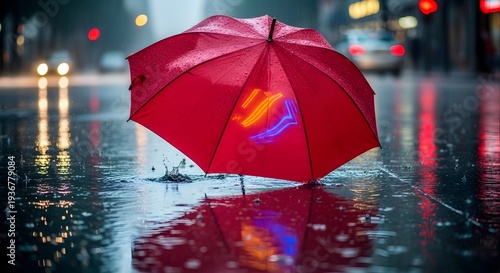 A vibrant red umbrella stands alone on a wet city street at night, reflecting neon lights in the rain-soaked pavement.