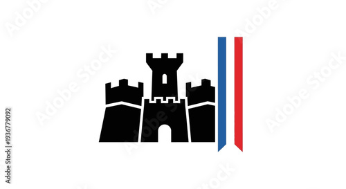 Simple black castle silhouette with red and blue ribbon.