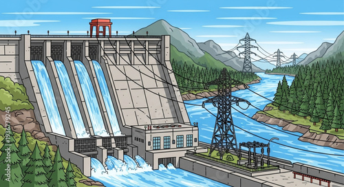 Hydroelectric Dam Generating Power in Mountain Landscape.