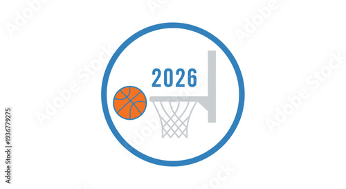 Basketball logo design with basketball hoop and ball for 2026.
