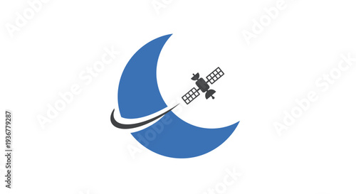 Crescent moon with satellite orbiting around it.