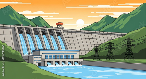 Hydroelectric Dam with Water Reservoir and Mountain Background.