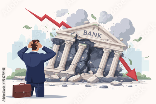 Businessman in despair watching a bank building crumble with a red falling arrow, symbolizing financial crisis, bankruptcy, stock market crash, economic recession, and banking system failure.