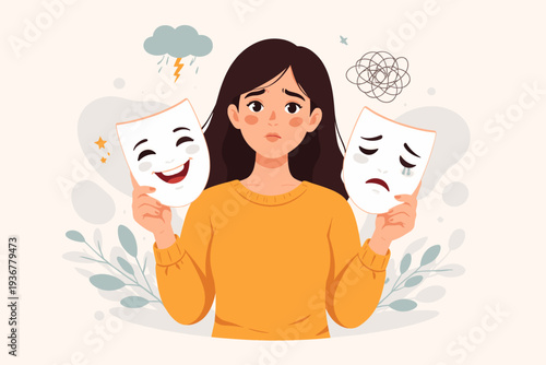 Bipolar Disorder and Mental Health Concept Illustration with a Sad Woman Holding Happy and Sad Masks, Representing Mood Swings, Anxiety, Depression, Personality Changes, and Emotional Struggle
