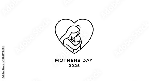 Simple Mother's Day 2026 greeting card with mother and baby illustration.