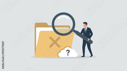 Businessman holding a large magnifying glass looking at an empty file folder with an X mark, concept of data not found, missing information, document search, file error, and cloud storage issues.