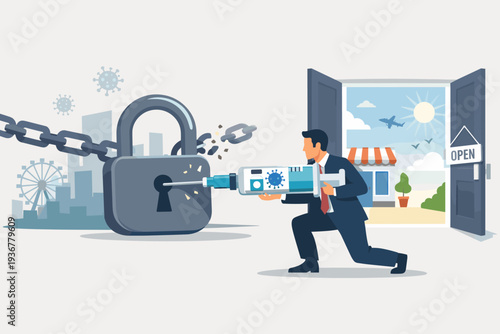 Businessman using a COVID-19 vaccine syringe as a key to unlock a giant padlock and chain, symbolizing the end of pandemic lockdown and the reopening of global businesses, economy, and travel.