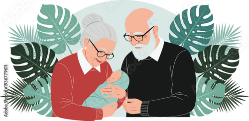 Grandparents Holding Newborn Baby with Love and Care Illustration for Family Bonding, Generations Concept, Parenthood Support, and Warm Lifestyle Design