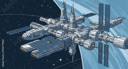Futuristic Space Station Orbiting Earth with Solar Panels.