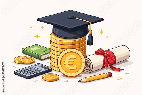 Education Cost and Tuition Concept with Graduation Cap on Stack of Euro Coins, Diploma Scroll, Calculator, and Book. Vector Illustration for Scholarship, Student Loan, and University Expenses.