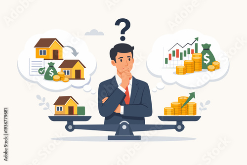 Businessman Deciding Between Paying Off Mortgage or Investing in Stock Market, Financial Decision Concept with Scale, House, Coins, and Stock Chart for Wealth Management and Investment Strategy.