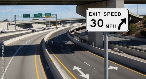 Highway Exit Sign With Speed Limit Indication and Directional Arrow, Daytime Shot