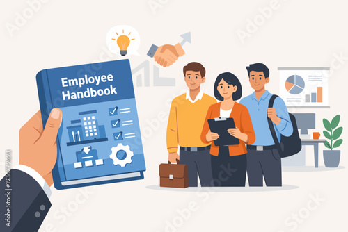 Hand holding an Employee Handbook for onboarding new staff and corporate procedure. A group of diverse office workers stands in the background with business icons like a handshake and lightbulb.