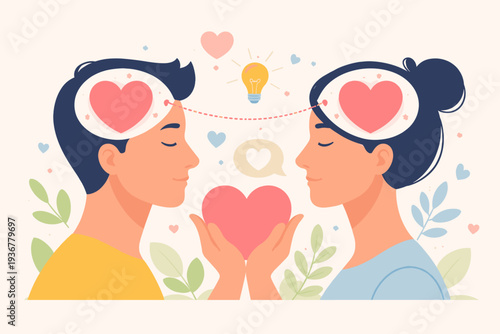 Empathy and Emotional Intelligence Concept Illustration with a Man and Woman Connecting Hearts, Sharing Feelings, and Supporting Each Other through Mutual Understanding, Kindness, and Love.