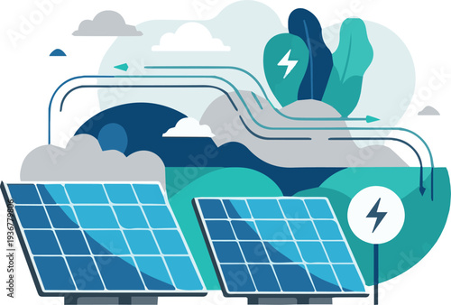 Renewable energy sources including solar panels and wind turbines in a sustainable environment from an aerial view