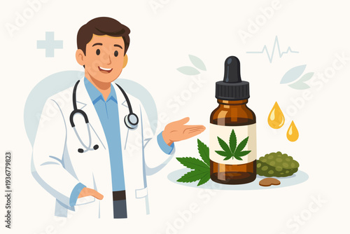 Doctor Recommending Medical Cannabis Oil for Treatment, Healthcare Professional with CBD Marijuana Extract Bottle, Hemp Oil for Alternative Medicine and Therapy, Legal Weed Therapy Concept