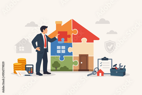 Businessman building house puzzle for real estate investment, mortgage loan, home renovation, property maintenance, financial planning, and buying a new house concept flat vector illustration.