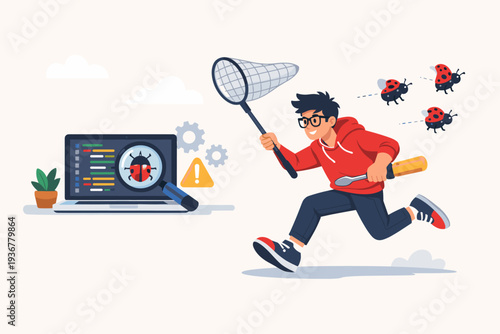 Programmer chasing software bugs with a net and screwdriver, laptop displaying code and bug under magnifying glass, debugging and fixing application errors concept flat vector illustration.