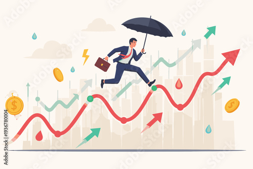 Businessman with Umbrella Running on Volatile Stock Market Graph, Concept of Financial Risk Management, Investment Protection, Economic Resilience, Overcoming Market Fluctuations and Crisis.