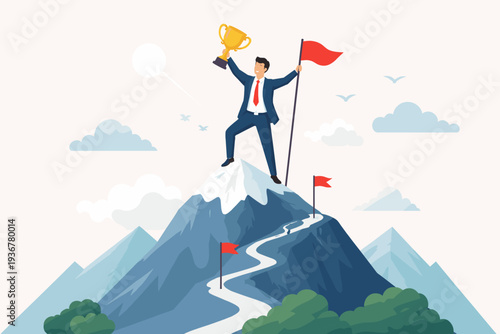 Successful Businessman Standing on Mountain Peak Holding Golden Trophy and Red Flag, Representing Leadership, Achievement, and Career Growth. Winding Path to Summit Symbolizes Journey to Goal.