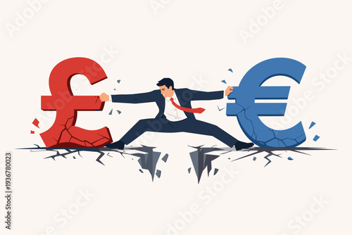Businessman Struggling to Hold Together British Pound and Euro Symbols Amidst Economic Crisis and Failed Brexit Negotiations, Concept of Financial Instability and Trade Agreement Challenges