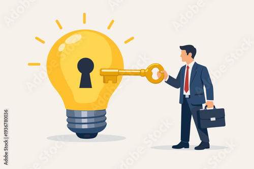 Businessman in a professional suit holding a golden key to unlock a glowing light bulb with a keyhole. Concept of unlocking new business ideas, creative innovation, problem solving, and success.