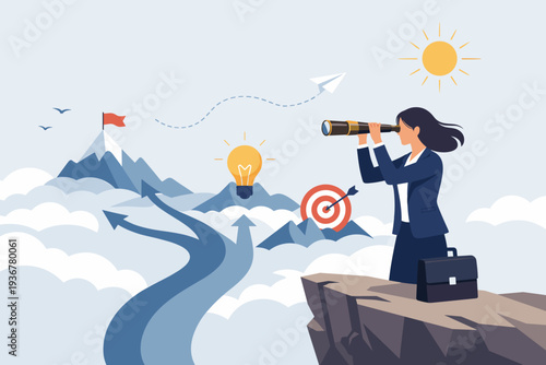 Visionary Businesswoman with Telescope Looking for Success and Direction in Business Strategy. Leadership Concept for Decision Making, Planning, and Career Growth towards Future Goals.