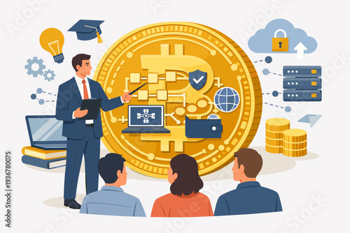 Professional educator explaining Bitcoin and blockchain technology to students with infographics, digital currency icons, server data, and financial security concepts for crypto education.