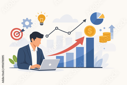 Businessman working on laptop with rising bar charts, line graphs, and money symbols representing financial growth, success, investment strategy, market analysis, and increasing profit margins.