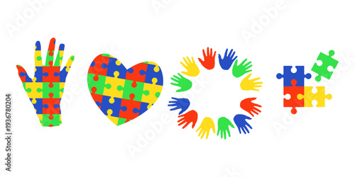 A set of illustrations for World Autism Awareness Day. Vector illustration. A simple drawing of hands, a heart, and puzzle pieces isolated on a white background. April 2, World Autism Awareness Day.