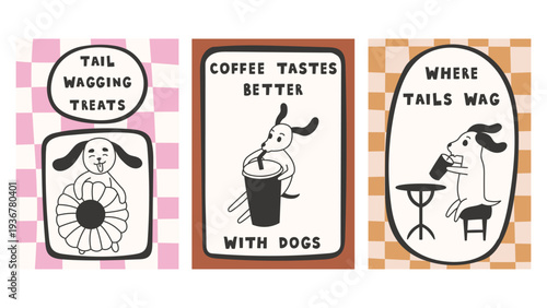 Funny Puppy Coffee Shop Poster Collection. Charming animal artwork set. Playful pet characters cozy beverages humorous messages Retro styled graphics checkered patterns decorative frames clean minimal