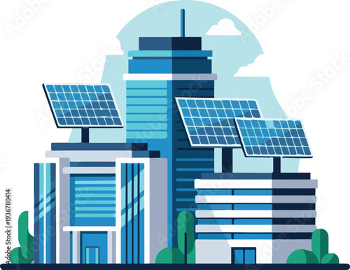 Sustainable cityscape with solar panels on modern buildings, showcasing renewable energy in an urban environment from a street-level perspective