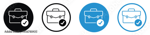 Professional briefcase icon with a checkmark symbol. Illustrates successful job completion, approved applications, verified work, or finished business tasks. Modern outline and solid styles.
